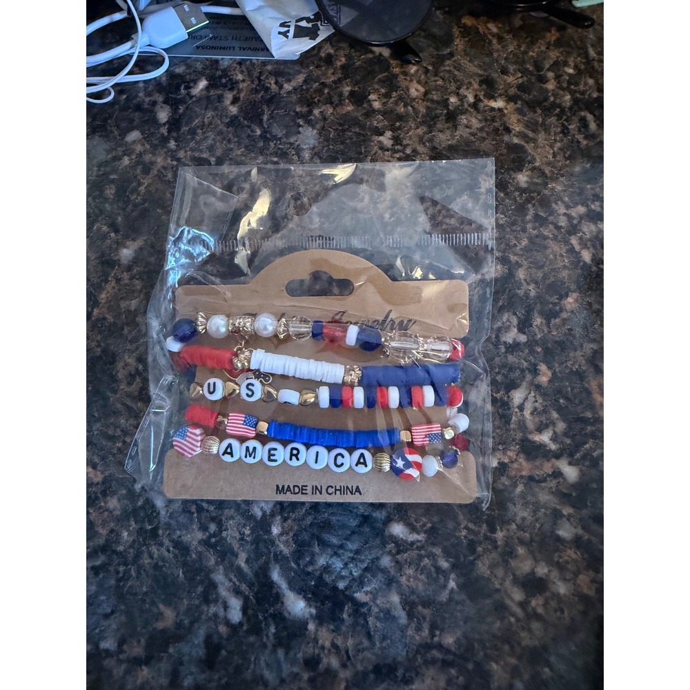Patriotic USA America Beaded Bracelet Set 4pc Red White Blue 4th of July Stack
